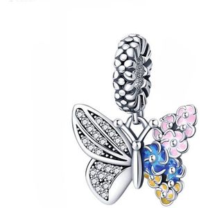Fler® | Bedel | Past op populaire bedel armbanden (standaard-3mm) | armbandbedel | Lente Vlinder Bedel | Bedels Charms | 925 sterling zilver | Zirkonia | Roze, Blauwe, Gele emaille | Vriendschap, Verjaardagsgeschenk, Cadeau | Valentijn kado