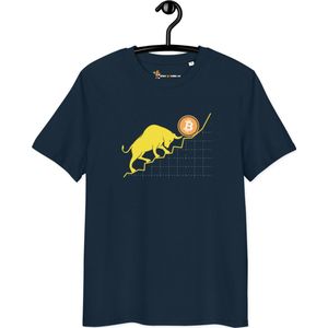 Bitcoin T-shirt - Bullish! - Unisex - 100% Biologisch Katoen - Kleur Marine Blauw - Maat S | Bitcoin cadeau| Crypto cadeau| Bitcoin T-shirt| Crypto T-shirt| Bitcoin Shirt| Bitcoin Merchandise| Bitcoin Kleding