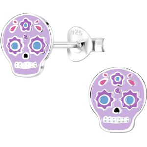 Joy|S - Zilveren sugar skull oorbellen - paars - halloween oorbellen