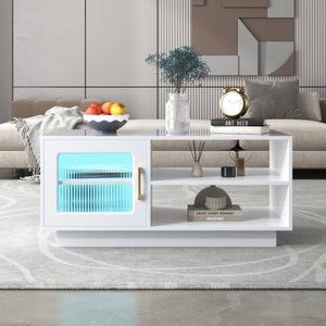 Hoogglans salontafel, woonkamertafel met glazen deur, open opbergruimte, LED-lichteffecten bestuurbaar via mobiele app