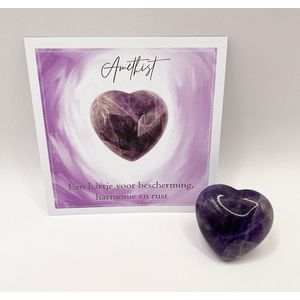 Hart Amethist met Kaartje - Edelsteen - Kristal - Cadeau - Geschenk - Gift - Paars - Natuursteen - Bescherming - Harmonie - Rust - Hartje - Liefde - Heart