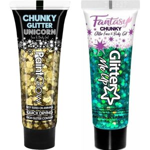 Paintglow Chunky Glittergel voor lichaam en gezicht - 2 tubes - goud en zeemeermin groen - 12 ml