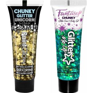 Toppers - Paintglow Chunky Glittergel voor lichaam en gezicht - 2 tubes - goud en zeemeermin groen - 12 ml