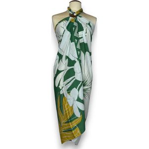Sarong / pareo - Strandkleding wikkelrok / strandjurk - Wit / groene hibiscus flower