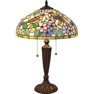 LumiLamp Tiffany Tafellamp Ø 41x60 cm Geel Groen Glas Driehoek Vogel Tiffany Bureaulamp