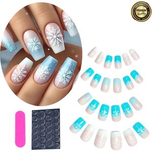 GUAPÀ® Plaknagels Kerst | 24 stuks valse nagels | Press On Nails | Nepnagels | Kunstnagels | Compleet plaknagels starterspakket | Nagels stickers | 24 stuks plaknagels Kerst Nagels Lichtblauw Kerstvlokken