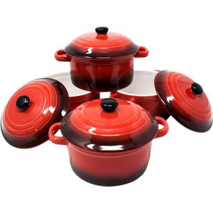 4 x kleine ovenschalen met deksel, mini-ovenvormen van keramiek, 200 ml, ronde vormpjes 10 x 5 cm, kleine ovenschaal, kleur: rood in een set van 4