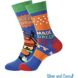 SilverAndCoco - Kerstsokken / Gekke Foute Vrolijke Sokken / Leuke Grappige Dikke Warme Huissokken Dames & Heren Kerstcadeau pakket Katoen / Wintersokken Sinterklaas Socks Mannen Vrouwen Sinterklaas Schoen Kerst Cadeautje - Fast Food Hamburgers