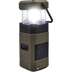 Camping lamp met Bluetooth Speaker, Powerbank 5000mAh, Radio & Zaklamp – Oplaadbaar via USB-C & Zonne-energie – IPX5 Waterdicht – SOS Alarm