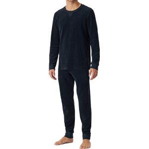 SCHIESSER Warming Nightwear pyjamaset - heren pyjama lang velours manchetten gestreept nachtblauw - Maat: XL