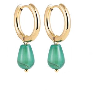 Roestvrij stalen gouden oorbellen met een teardrop hanger - hoops - druppel - natuursteen - turquoise groen - goud - rvs