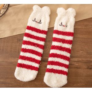 Fluffy dames sokken - huissokken - leuke print hert - rendeer - met oren - ogen - gestreept - wit - rood - 36-40 - cadeau - voor haar