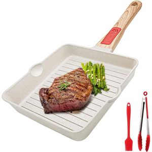 Grillpan 20 x 20 cm, steakpan, aluminium grillpan met antiaanbaklaag, twee uitlopen, afneembare handgreep, oven- en vaatwasmachinebestendig, alle soorten fornuizen (wit)