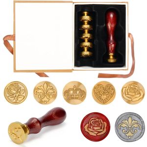 Belle Vous Vintage Wax Zegel Stempel Set met Verwijderbare Koperen Handvat (7 Stuks) - Retro Verzegelingsstempel met Houten Handvat - Bloem, Hart & Kroon Stempels - Enveloppen & Huwelijksuitnodigingen