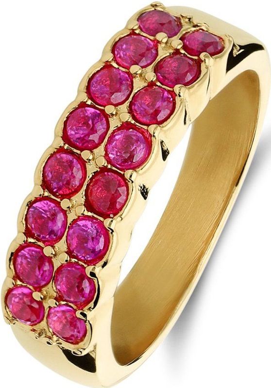 Lucardi - Stalen Goldplated Ring Dubbel - Rood Zirkonia - Goudkleurig - Waterproof