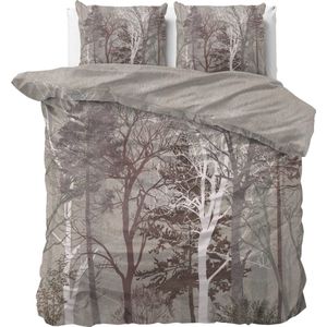 Lits-jumeaux dekbedovertrek (dekbed hoes) taupe – bruin met bomen, takken, bladeren, dennenbomen in het bos / natuur (contour) KATOEN 240 x 220 cm (TOP kwaliteit beddengoed slaapkamer!)