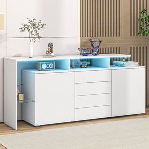 LED Sideboard Buffetkast - hoogglans Ladekast - woonkamerkast met 4 laden en 2 deuren - staande tv-kast - highboard buffetkast eetkamer - wit