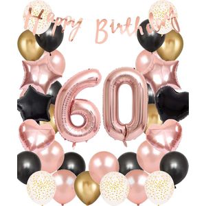 Snoes Ballonnen 60 Jaar Set Mega Rose Black Zwart Ballonen set - Compleet Feestpakket Cijferballon 60 Jaar - Verjaardag Versiering Slinger Happy Birthday – Folieballon – Latex Ballonnen - Helium Ballonnen