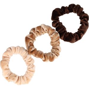 Haarsoires Haarelastiek Scrunchie – Basic Smal – Velvet Stof – Bruin Beige – Set van 3 - Haarkrinkel - Haar Elastiek met Stof - Zacht & Haarvriendelijk