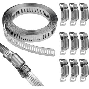 304 Roestvrij Staal Slangklemmen Set - 300 cm Band | Instelbare Buisklemmen - Waterleiding Gasbuis - 10 Stuks - Grote Buis - Wasmachine