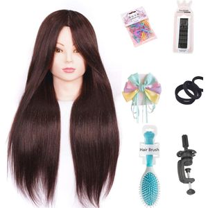 Oefenhoofd voor kappers met 50% echt haar - 61 cm trainingskop - Inclusief styling set voor kapsels en vlechten (bruin)