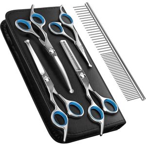 Dog Grooming Scissors Kit - Safety Round Tip Stainless Steel Titanium Coated - Pet Grooming Trimmer Set - Thinning/Straight/Curved Shears - Small Large Pet Dog Cat - Blue