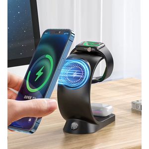 3-in-1 Oplaadstation met nachtlampje - Dockingstation 15W Snellader - Draadloze Bedlampje - Led RGB - Slaapkamer - Woonkamer - Kantoor - Telefoon - Smartwatch - Airpods - Magnetische