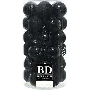 37x stuks kunststof kerstballen zwart 6 cm inclusief kerstbalhaakjes - Kerstversiering - onbreekbare kerstballen