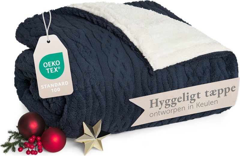 Blumtal - Fleece Deken - Donkerblauw en Ivoor - Kabelgebreide Look - 220x240 cm - Oeko-TEX Gecertificeerd