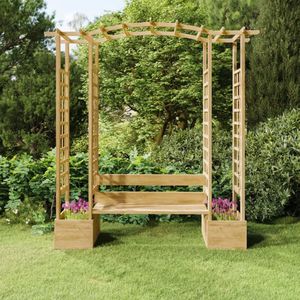 The Living Store Pergola Massief Grenenhout Groen Geïmpregneerd - 230 x 60 x 198 cm - Met Bank en Plantenbakken