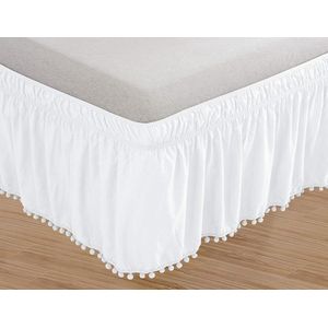Elegant Top-Knoop Kwastje Pompom Fringe Ruche Rok - Elastische Bed Wrap - Rimpelbestendig - 16"" Drop - Tweeling/Volledig - Wit