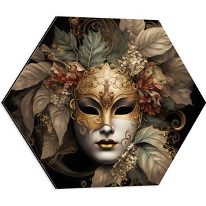 Dibond Hexagon - Venetiaanse carnavals Masker met Gouden en Beige Details tegen Zwarte Achtergrond - 50x43.5 cm Foto op Hexagon (Met Ophangsysteem)