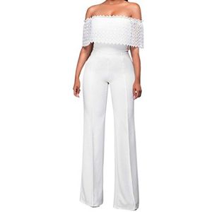 Vrouwen Sexy Off Shoulder Hoge Taille Lange Wijde Pijpen Jumpsuit in Wit