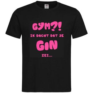 T-shirt Unisex Volwassenen Lol - carnaval - kermis - feestje - grappig - verjaardag Tekst ""Gym?! Ik dacht dat je GIN zei..."" Op Voorkant | korte mouw | Zwart/roze | maat XXL