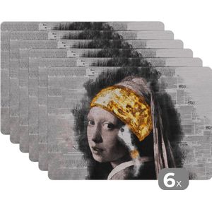 Placemat - Placemats kunststof - Meisje met de parel - Vermeer - Collage - 45x30 cm - 6 stuks - Hittebestendig - Anti-Slip - Onderlegger - Afneembaar