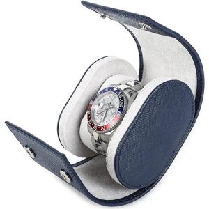 Opberghoes voor 1 Horloge - Handgemaakt Saffiano Lederen Reishorloge Case - Draagbare Horloge Box - Blauw