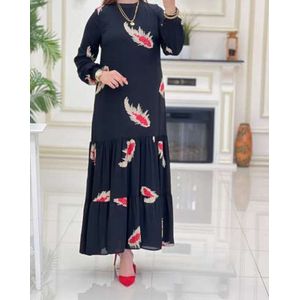 Elegante damesjurk, lange mouwen, chiffon, bedrukt, maxi-jurk, casual, met knopen aan de voorkant.