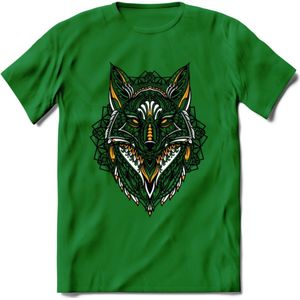 Vos - Dieren Mandala T-Shirt | Geel | Grappig Verjaardag Zentangle Dierenkop Cadeau Shirt | Dames - Heren - Unisex | Wildlife Tshirt Kleding Kado | - Donker Groen - 3XL