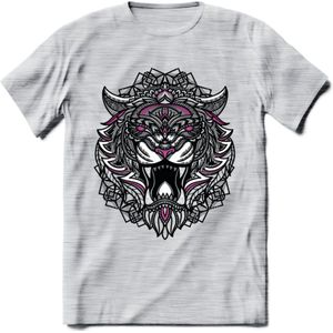 Tijger - Dieren Mandala T-Shirt | Roze | Grappig Verjaardag Zentangle Dierenkop Cadeau Shirt | Dames - Heren - Unisex | Wildlife Tshirt Kleding Kado | - Licht Grijs - Gemaleerd - L