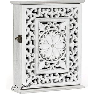 Mrs. Jones Optyuwah Sleutelkast van hout - Europese uitsparingen - 6 sleutelhaken - vintage wit - entree hal kantoor - medium 27 x 21 x 7 cm. .