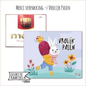 Kaartkadootje Merci -> Pasen – No:06 (Merci Chocolade - Vrolijk Pasen – Paashaas met paasei en kuiken op rug) - LeuksteKaartjes.nl by xMar