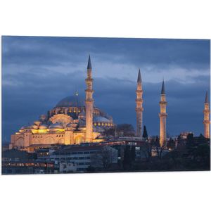 WallClassics - Vlag - Zijaanzicht van Süleymaniye Moskee in de Nacht in Istanbul, Turkije - 75x50 cm Foto op Polyester Vlag