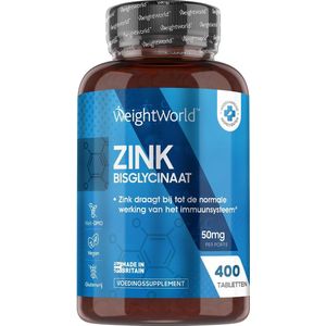 Gezondheid - Supplement - Zink tabletten - Zink bisglycinaat 50 mg - Ondersteunt de weerstand en botten - 400 vegan tabletten voor meer dan 1 jaar voorraad - 100% natuurlijk