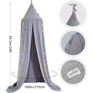 Babybaldakijn, bedhemel voor kinderen, kinderkamer, bedgordijn, katoenen decoratie, muggennet voor prinses, speeltenten, babybed en slaapkamer, decoratie met sterslinger (grijs)