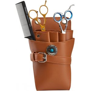 Holsterriem voor Haarscharen – Bruin Kunstleer met Decoratieve Edelsteen – Professionele Kappersholster met Verstelbare Riem – 3 Vakken & 7 Compartimenten