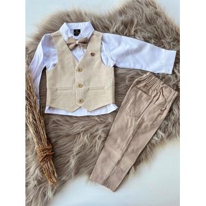 luxe jongens kostuum-kinderpak- kinderkostuum-3 delige effen set -beige vest ,beige broek, effen witte hemd, vlinderstrik-bruidsjonkers-bruiloft-feest-verjaardag-fotoshoot-6 jaar maat 116