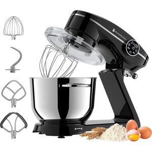 KitchenBrothers Keukenmachine - Touch Display en Timer - Keukenrobot - 6,2L - 1800W - Keukenmixer - Aluminium - Zwart