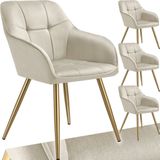 tectake® Fluwelen stoel - Set van 4 - Eetkamerstoelen met gewatteerde fluwelen stof - Moderne stoelen - Comfortabele fauteuil voor woonkamer, eetkamer, lounge – Div. kleuren en sets - Creme/goud