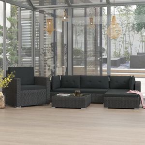 The Living Store Loungeset - Rattan - Zwart - 2 hoekbanken - 1 middenbank - 1 stoel - 1 hocker - 1 salontafel