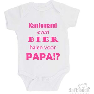 100% katoenen Romper ""Kan iemand even bier halen voor papa!?"" Vader Vaderdag Papa Meisjes Katoen Wit/roze Maat 62/68